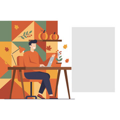 Happy remote worker uses laptop in a cozy autumnthemed home office decorated with fall leaves and pumpkins WFH lifestyle