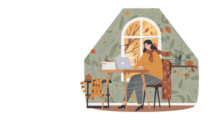 Woman working on laptop in cozy autumn home office with falling leaves