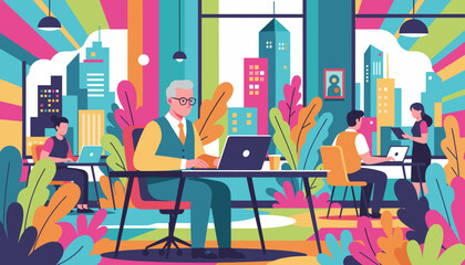 Senior businessman working on laptop in a vibrant colorful modern office with cityscape view Teamwork and productivity
