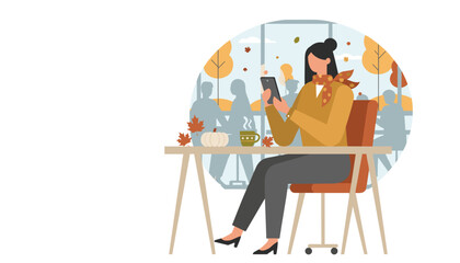 Woman using phone at a cafe table surrounded by autumn decor and fall colors Digital connection