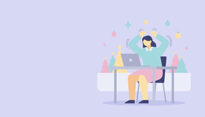 Woman stressed working on laptop during holidays Deadline pressure illustration