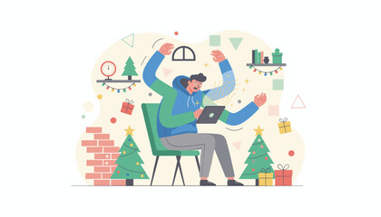 Overwhelmed man multitasking on a tablet during the chaotic Christmas holiday rush