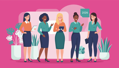 Diverse team of confident businesswomen collaborating Leadership planning success and 2026 goals