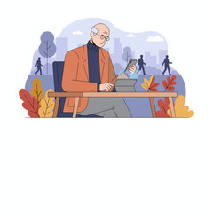 Senior man uses tablet and phone outdoors Business communication and modern aging