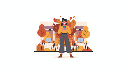 Smiling woman using phone in a cozy modern autumn office Digital communication and seasonal business lifestyle