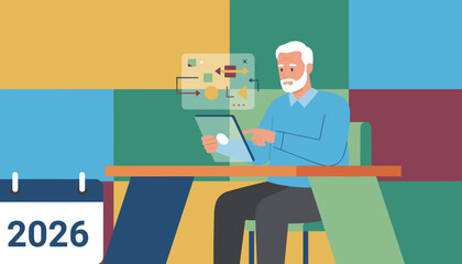 Senior executive analyzes complex data flowchart on tablet for future business planning in 2026