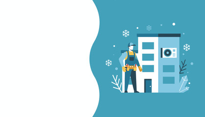 HVAC technician ready for winter repair service Building maintenance flat illustration