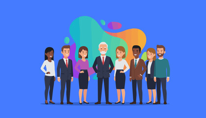 Diverse business team smiling on a colorful fluid background Teamwork leadership and professional group