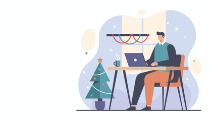 Worker using laptop in a cozy festive office during winter holidays Remote work illustration