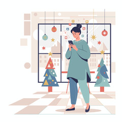 Woman using a smartphone in a festive room engaging in digital communication during the holiday season