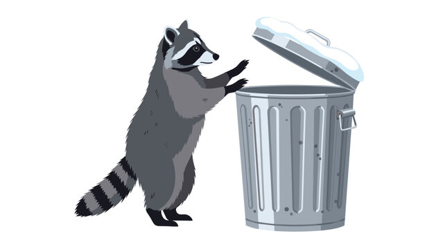 Raccoon standing on hind legs opening a metal trash can with a curious expression