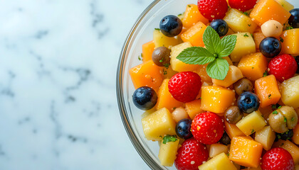 Fresh fruit salad with strawberries, blueberries, melon, and mint garnish in glass bowl, closeup overhead shot