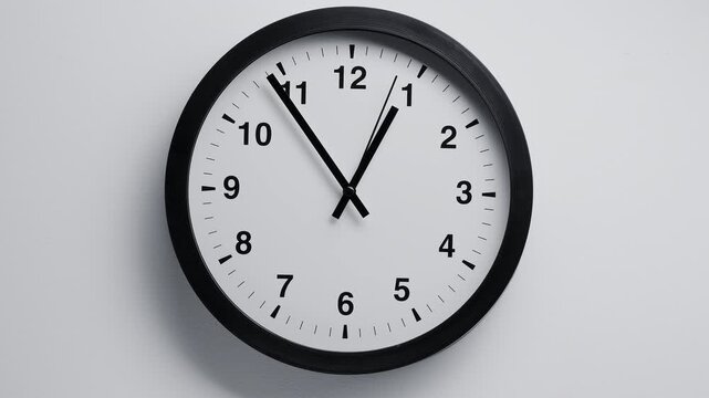 Time lapse video of a full 12-hour rotation of the hands of a classic black and white wall clock against a white wall.  A symbol of the transience of time and life. 