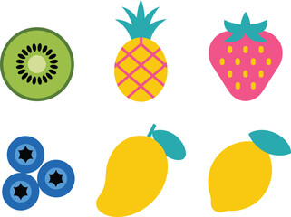 Colorful fruit icons illustration, kiwi pineapple strawberry blueberry mango lemon, flat design healthy food symbols, fresh tropical fruits artwork