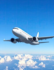 Obraz premium A sleek white passenger airplane soars high above a blanket of fluffy white clouds against a clear, bright blue sky.