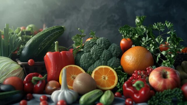 Video A colorful display of various fruits and vegetables on a table
