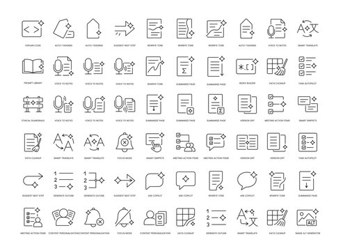 A set of vector icons representing AI productivity and assistant tools, created in line style with editable stroke