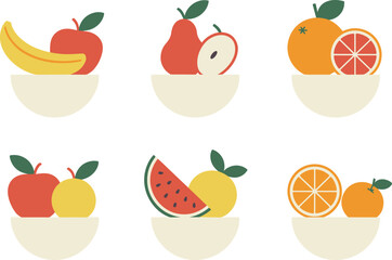 Fruit bowl illustration set, minimalist fresh fruits collection, apples pears citrus watermelon banana, healthy food icons, simple colorful artwork