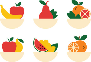 Fruit bowl illustration set, minimalist fresh fruits collection, apples pears citrus watermelon banana, healthy food icons, simple colorful artwork