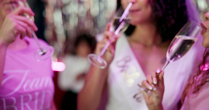 Friends, champagne and toast with party, celebration and get together for bachelorette event. Excited, woman and smile with love, support and happy for wedding and future commitment with group wine