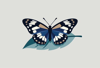 Obraz premium Stylized blue butterfly with cream and tan spots on a teal leaf