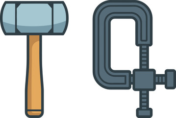 Hammer and C-clamp illustration, simple tool icons, woodworking and metalworking equipment, hand tool set graphic, DIY construction elements artwork