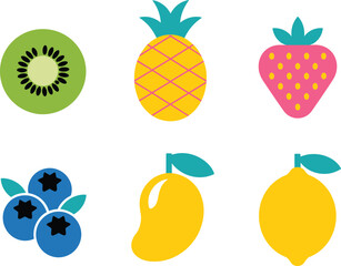 Colorful fruit icons illustration, kiwi pineapple strawberry blueberry mango lemon, flat design healthy food symbols, fresh tropical fruits artwork