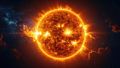 Obraz premium A dramatically illuminated, fiery star or sun flares intensely against the deep expanse of space filled with distant starlight and cosmic dust.