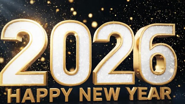 Metallic 2026 happy new year text against dark background with glitter