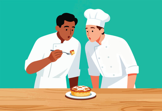 Two chefs in uniform look with surprise at a pie and a bite on a fork