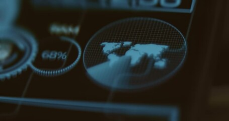 Holographic style interface showing the world map - Powered by Adobe