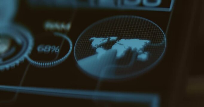 Holographic style interface showing the world map