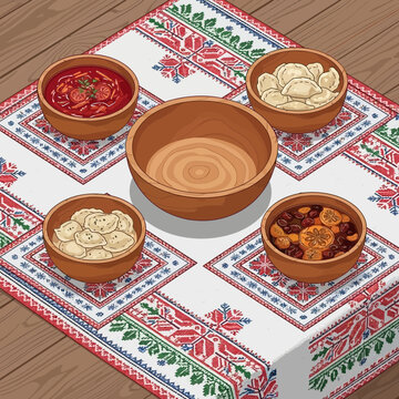 Traditional Eastern Celebration with Bowls of Food on Decorative Cloth and Wooden Table