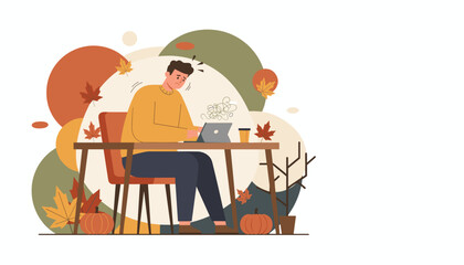 Stressed man struggling with work confusion on tablet during autumn burnout concept