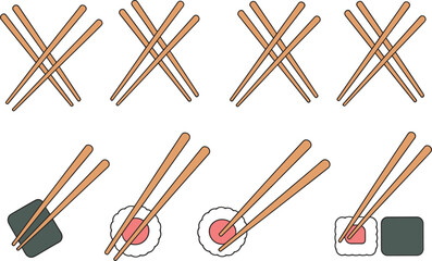 Chopsticks illustration set, sushi and maki rolls, Japanese dining utensils, minimalist food icons, Asian cuisine elements, restaurant artwork collection