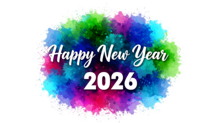 Happy new year 2026 colorful celebration greeting card with vibrant watercolor design on transparent background