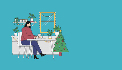 Woman remotely working on a laptop at her desk decorated for Christmas with a tree and festive lights