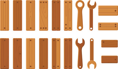 Wood planks and wrench tools illustration, wooden board set, construction materials, repair equipment icons, carpentry elements, DIY crafting hardware artwork