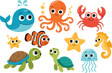 Cute ocean animals illustration, cartoon sea creatures, whale, octopus, crab, fish, turtles, starfish, seahorse, jellyfish, underwater kids artwork