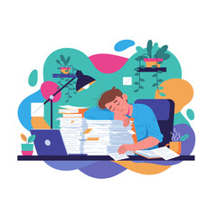 Burnout Tired worker sleeps on a tall pile of paper documents Overtime and office stress concept