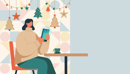 Woman using smartphone at cafe with Christmas decor enjoying holiday connection