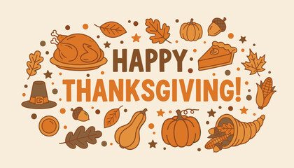 Happy Thanksgiving graphic design featuring traditional fall harvest symbols and food items © BEST STOCK