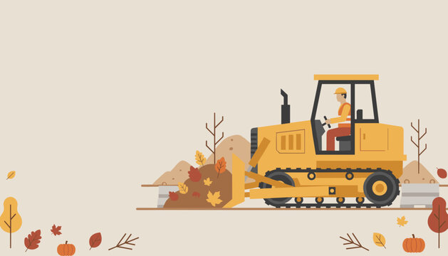 Construction worker drives a bulldozer clearing dirt and autumn leaves Heavy machinery vector illustration