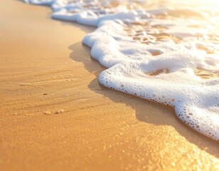 Close-up of foamy ocean waves washing onto golden, sunlit sand at the shoreline.
