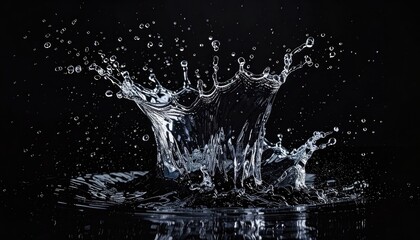 Dramatic, high-speed photograph of a water crown splash against a dark background.