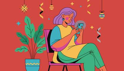 Woman using phone during a celebration Colorful digital illustration of communication and leisure