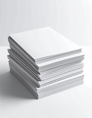 A tall stack of blank white paper on a light surface.
