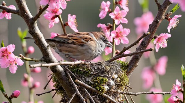 Sparrow Sits Atop Its Nest Among Pink Blossoms in Springtime