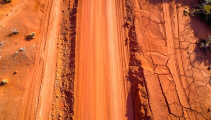 Aerial View of Vibrant Red Dirt Road Cutting Through Arid Landscape