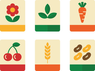 Autumn harvest icons illustration, pumpkin corn wheat fruits, seasonal fall food symbols, minimalist colorful design, Thanksgiving elements artwork set